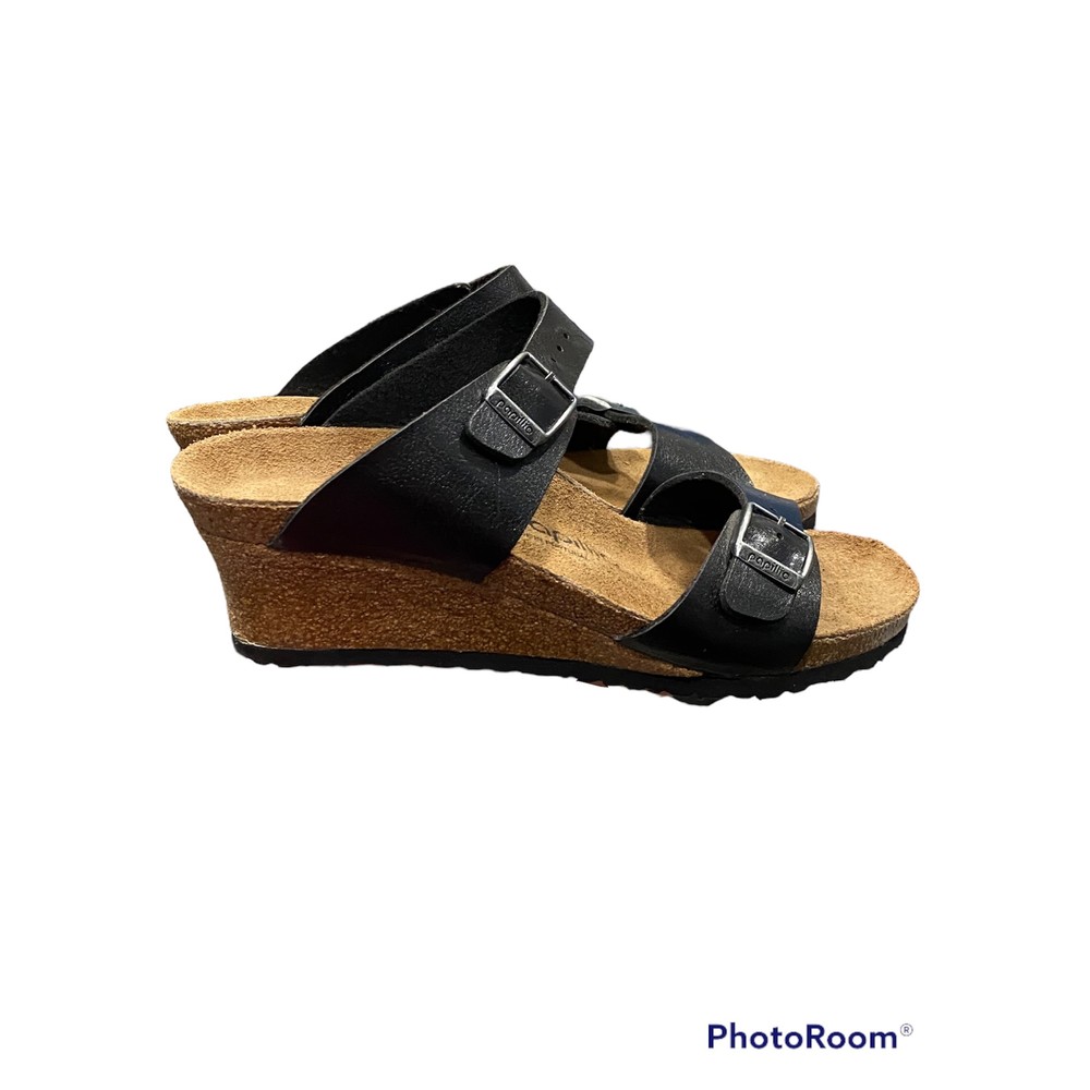 Papillio By Birkenstock Womens Dorothy Wedge Sandals Black Leather Size 7.5